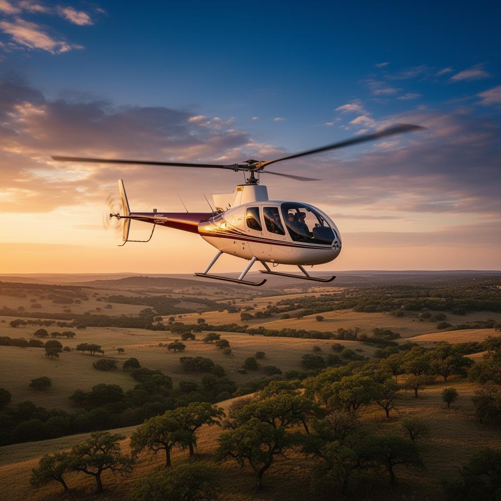 Robinson R44 helicopter in flight over the Texas Hill Country at sunset
